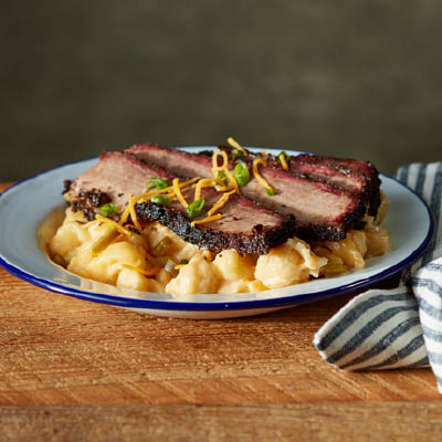 Loaded Mac and Cheese with Sliced Brisket